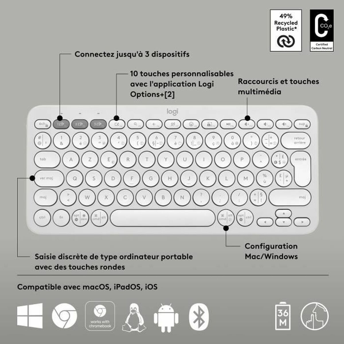 Bluetooth keyboard med tabletstøtte Logitech K380 Fransk Hvid AZERTY